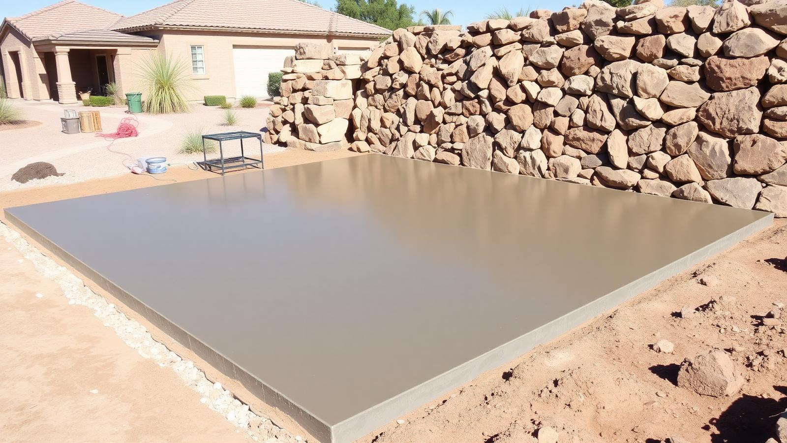 New concrete slab and natural rock wall construction at an El Paso home